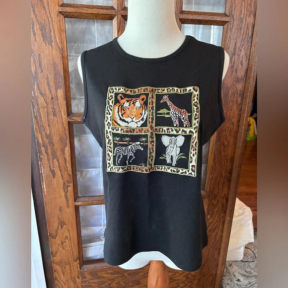 Jason Maxwell Womens Med.‎ Black Animal Print Jungle Embroidered Tank Top - Picture 1 of 6